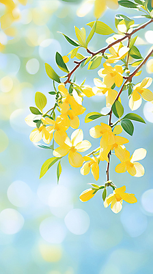 JPG 구름 하늘색 일러스트 봄꽃 하늘 나뭇잎 풍경 사람없음 노란색 나뭇가지 개나리 화창 국내일러스트 AI일러스트 AI콘텐츠 자연요소 나무 꽃 컬러 잎 날씨 파란색 봄 파일형식