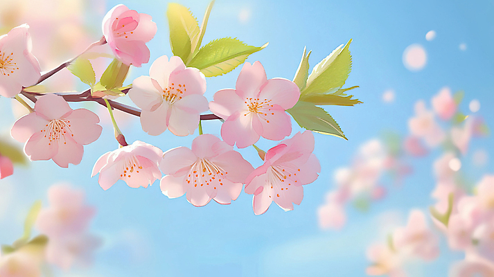 JPG 구름 분홍색 하늘색 일러스트 봄꽃 하늘 나뭇잎 풍경 사람없음 벚꽃 나뭇가지 화창 국내일러스트 AI일러스트 AI콘텐츠 자연요소 나무 꽃 컬러 잎 날씨 파란색 봄 파일형식