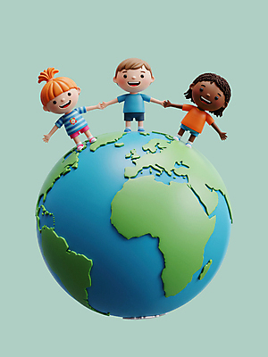 전신 PSD 편집이미지 여자 남자 지구 어린이 인물캐릭터 웃음 소녀 소년 세명 3D 손잡기 다문화 청록색 어린이만 편집3D 캐릭터 컬러 모션 표정 사람 사회이슈 디지털합성 파일형식