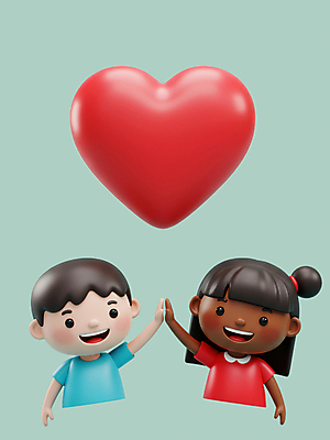 PSD 편집이미지 여자 남자 어린이 인물캐릭터 웃음 소녀 소년 상반신 두명 3D 하트 다문화 청록색 하이파이브 어린이만 편집3D 모양 캐릭터 컬러 표정 사람 손짓 사회이슈 디지털합성 파일형식
