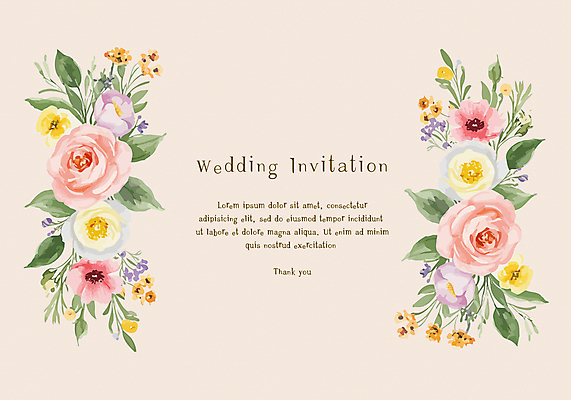 꽃 결혼 잎 일러스트 수채화 사람없음 청첩장 초대장 베이지색 카피스페이스 국내일러스트 AI파일 식물 컬러 카드_감사 이벤트 공백 파일형식 벡터