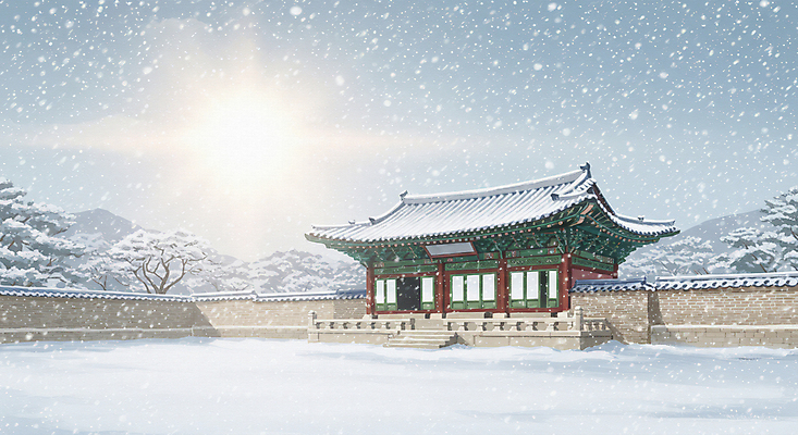 JPG 나무 한국전통 설경 일러스트 자연 산 한옥 사람없음 햇빛 평화 쌓인눈 눈내림 기와담장 눈덮임 국내일러스트 AI일러스트 AI콘텐츠 식물 전통 컨셉 고건축 겨울 한국 눈_날씨 기와 풍경 담장 태양 생태계 파일형식