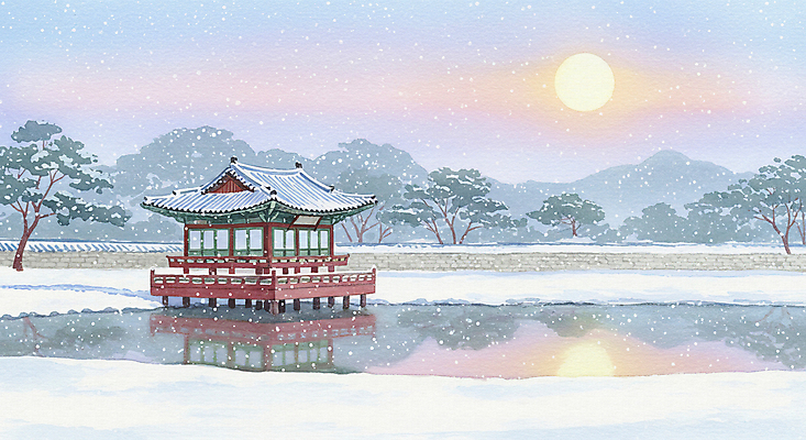 JPG 나무 한국전통 호수 설경 일러스트 자연 산 한옥 사람없음 햇빛 반사 평화 일몰 정자 쌓인눈 눈내림 기와담장 눈덮임 국내일러스트 AI일러스트 AI콘텐츠 식물 전통 건축물 컨셉 고건축 겨울 한국 눈_날씨 기와 풍경 담장 태양 노을 생태계 파일형식
