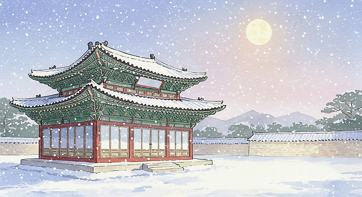 JPG 나무 한국전통 설경 일러스트 자연 산 한옥 사람없음 평화 보름달 달빛 쌓인눈 눈내림 눈덮임 국내일러스트 AI일러스트 AI콘텐츠 식물 전통 컨셉 고건축 겨울 한국 눈_날씨 풍경 달 생태계 파일형식