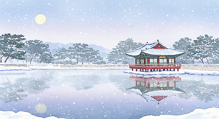 JPG 나무 한국전통 호수 설경 일러스트 자연 산 한옥 사람없음 반사 평화 보름달 정자 쌓인눈 눈내림 기와담장 눈덮임 국내일러스트 AI일러스트 AI콘텐츠 식물 전통 건축물 컨셉 고건축 겨울 한국 눈_날씨 기와 풍경 담장 달 생태계 파일형식