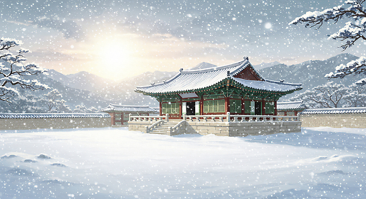 JPG 나무 한국전통 설경 일러스트 자연 산 한옥 사람없음 햇빛 평화 일출 쌓인눈 눈내림 눈덮임 국내일러스트 AI일러스트 AI콘텐츠 식물 전통 컨셉 고건축 겨울 한국 눈_날씨 풍경 태양 노을 생태계 파일형식