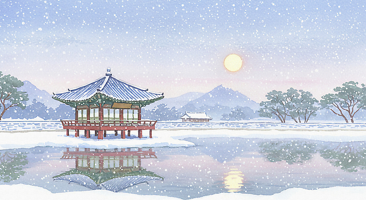 JPG 나무 한국전통 설경 일러스트 자연 산 한옥 사람없음 햇빛 반사 평화 일출 정자 쌓인눈 눈내림 기와담장 눈덮임 국내일러스트 AI일러스트 AI콘텐츠 식물 전통 건축물 컨셉 고건축 겨울 한국 눈_날씨 기와 풍경 담장 태양 노을 생태계 파일형식