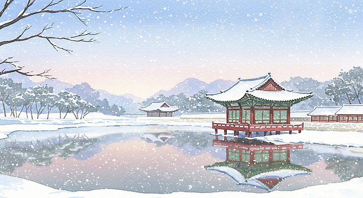 JPG 나무 한국전통 호수 설경 일러스트 자연 산 한옥 사람없음 반사 평화 노을 정자 쌓인눈 눈내림 눈덮임 국내일러스트 AI일러스트 AI콘텐츠 자연요소 식물 전통 건축물 컨셉 고건축 겨울 한국 눈_날씨 풍경 생태계 파일형식
