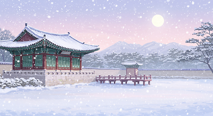 JPG 나무 한국전통 설경 일러스트 자연 산 한옥 사람없음 평화 보름달 달빛 쌓인눈 눈내림 기와담장 눈덮임 국내일러스트 AI일러스트 AI콘텐츠 식물 전통 컨셉 고건축 겨울 한국 눈_날씨 기와 풍경 담장 달 생태계 파일형식