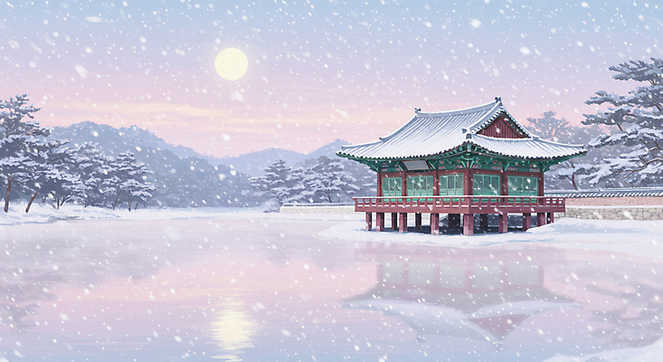 JPG 나무 한국전통 호수 설경 일러스트 자연 산 한옥 사람없음 반사 평화 보름달 달빛 정자 쌓인눈 눈내림 기와담장 눈덮임 국내일러스트 AI일러스트 AI콘텐츠 식물 전통 건축물 컨셉 고건축 겨울 한국 눈_날씨 기와 풍경 담장 달 생태계 파일형식