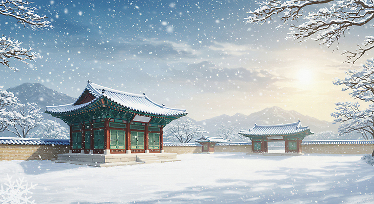 JPG 나무 한국전통 설경 일러스트 자연 산 한옥 사람없음 햇빛 평화 일출 쌓인눈 눈내림 기와담장 눈덮임 국내일러스트 AI일러스트 AI콘텐츠 식물 전통 컨셉 고건축 겨울 한국 눈_날씨 기와 풍경 담장 태양 노을 생태계 파일형식