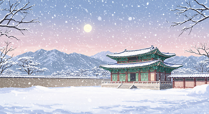 JPG 나무 한국전통 설경 일러스트 자연 산 한옥 사람없음 평화 보름달 달빛 쌓인눈 눈내림 기와담장 눈덮임 국내일러스트 AI일러스트 AI콘텐츠 식물 전통 컨셉 고건축 겨울 한국 눈_날씨 기와 풍경 담장 달 생태계 파일형식