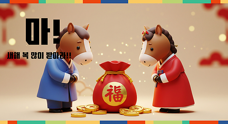 PSD 편집이미지 새해 복주머니 3D캐릭터 미소 사람없음 빨간색 노란색 3D 인사 복 한복 말띠 엽전 2026년 이미지편집 편집3D 병오년 붉은말 붉은말캐릭터 캐릭터 한국전통 컬러 전통소품 표정 동전 한자 십이지신 예절 말_동물 전통의상 연도 디지털합성 말캐릭터 파일형식