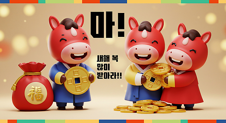 PSD 편집이미지 새해 복주머니 3D캐릭터 미소 들기 사람없음 빨간색 노란색 3D 복 한복 말띠 엽전 동물가족 2026년 이미지편집 편집3D 병오년 붉은말 붉은말캐릭터 캐릭터 한국전통 컬러 가족 모션 전통소품 표정 동전 한자 십이지신 말_동물 전통의상 연도 디지털합성 말캐릭터 파일형식