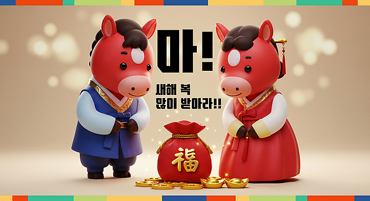 PSD 편집이미지 새해 복주머니 3D캐릭터 미소 사람없음 빨간색 노란색 3D 인사 복 한복 보케 말띠 엽전 금괴 2026년 이미지편집 편집3D 병오년 붉은말 붉은말캐릭터 캐릭터 한국전통 컬러 전통소품 표정 동전 한자 십이지신 예절 말_동물 황금 전통의상 연도 디지털합성 말캐릭터 파일형식