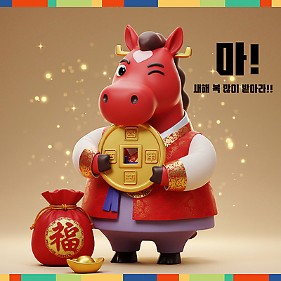 PSD 편집이미지 새해 복주머니 3D캐릭터 윙크 미소 들기 사람없음 빨간색 반짝임 노란색 3D 복 한복 말띠 엽전 금괴 2026년 이미지편집 편집3D 병오년 붉은말 붉은말캐릭터 캐릭터 한국전통 컬러 모션 전통소품 표정 동전 한자 십이지신 말_동물 황금 전통의상 연도 디지털합성 말캐릭터 파일형식