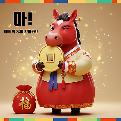PSD 편집이미지 새해 복주머니 3D캐릭터 윙크 미소 들기 사람없음 빨간색 반짝임 노란색 3D 복 물기 한복 말띠 엽전 2026년 이미지편집 편집3D 병오년 붉은말 붉은말캐릭터 캐릭터 한국전통 컬러 모션 전통소품 표정 동전 한자 십이지신 말_동물 전통의상 연도 디지털합성 말캐릭터 파일형식