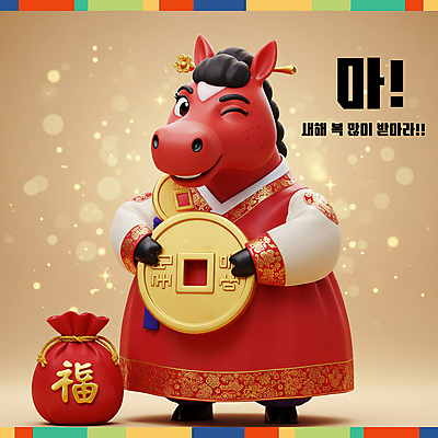 PSD 편집이미지 새해 복주머니 3D캐릭터 윙크 미소 들기 사람없음 빨간색 반짝임 노란색 3D 복 한복 보케 말띠 엽전 2026년 이미지편집 편집3D 병오년 붉은말 붉은말캐릭터 캐릭터 한국전통 컬러 모션 전통소품 표정 동전 한자 십이지신 말_동물 전통의상 연도 디지털합성 말캐릭터 파일형식
