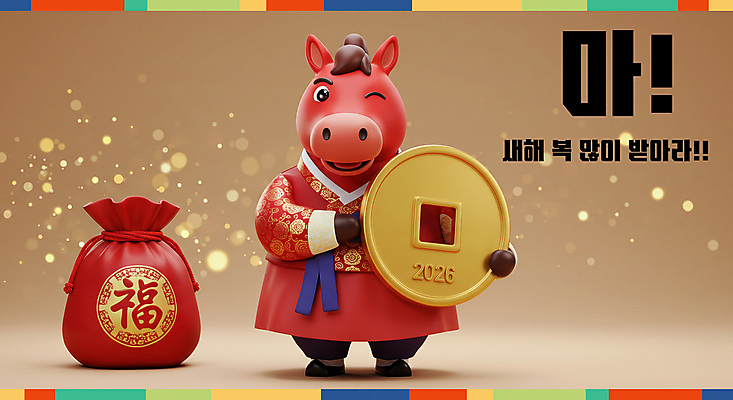 PSD 편집이미지 새해 복주머니 3D캐릭터 윙크 미소 들기 사람없음 빨간색 노란색 3D 복 한복 보케 말띠 엽전 2026년 이미지편집 편집3D 병오년 붉은말 붉은말캐릭터 캐릭터 한국전통 컬러 모션 전통소품 표정 동전 한자 십이지신 말_동물 전통의상 연도 디지털합성 말캐릭터 파일형식