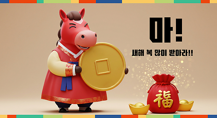 PSD 편집이미지 새해 복주머니 3D캐릭터 미소 들기 사람없음 빨간색 반짝임 노란색 3D 복 한복 말띠 엽전 금괴 2026년 이미지편집 편집3D 병오년 붉은말 붉은말캐릭터 캐릭터 한국전통 컬러 모션 전통소품 표정 동전 한자 십이지신 말_동물 황금 전통의상 연도 디지털합성 말캐릭터 파일형식