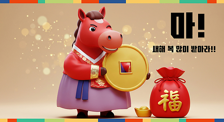 PSD 편집이미지 새해 복주머니 3D캐릭터 윙크 미소 들기 사람없음 빨간색 반짝임 노란색 3D 복 한복 보케 말띠 엽전 금괴 2026년 이미지편집 편집3D 병오년 붉은말 붉은말캐릭터 캐릭터 한국전통 컬러 모션 전통소품 표정 동전 한자 십이지신 말_동물 황금 전통의상 연도 디지털합성 말캐릭터 파일형식