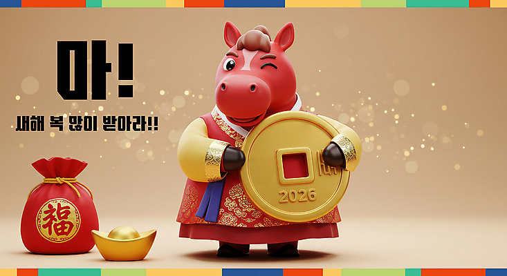 PSD 편집이미지 새해 복주머니 3D캐릭터 윙크 미소 들기 사람없음 빨간색 반짝임 노란색 3D 복 한복 말띠 엽전 금괴 2026년 이미지편집 편집3D 병오년 붉은말 붉은말캐릭터 캐릭터 한국전통 컬러 모션 전통소품 표정 동전 한자 십이지신 말_동물 황금 전통의상 연도 디지털합성 말캐릭터 파일형식