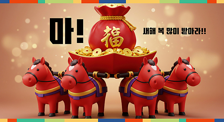 PSD 편집이미지 새해 복주머니 3D캐릭터 미소 사람없음 빨간색 3D 복 보케 말띠 마차 엽전 말안장 2026년 이미지편집 편집3D 병오년 붉은말 붉은말캐릭터 캐릭터 교통수단 컬러 전통소품 표정 동전 한자 십이지신 말_동물 연도 디지털합성 말캐릭터 안장 파일형식