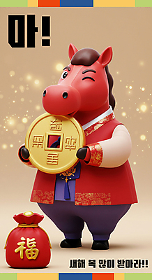 PSD 편집이미지 새해 복주머니 3D캐릭터 윙크 미소 들기 사람없음 빨간색 반짝임 노란색 3D 복 한복 말띠 엽전 2026년 이미지편집 편집3D 병오년 붉은말 붉은말캐릭터 캐릭터 한국전통 컬러 모션 전통소품 표정 동전 한자 십이지신 말_동물 전통의상 연도 디지털합성 말캐릭터 파일형식