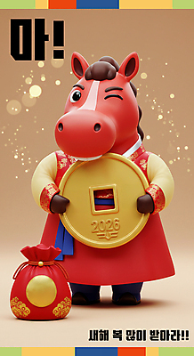 PSD 편집이미지 새해 복주머니 3D캐릭터 윙크 미소 들기 사람없음 빨간색 반짝임 노란색 3D 물기 한복 말띠 엽전 2026년 이미지편집 편집3D 병오년 붉은말 붉은말캐릭터 캐릭터 한국전통 컬러 모션 전통소품 표정 동전 십이지신 말_동물 전통의상 연도 디지털합성 말캐릭터 파일형식