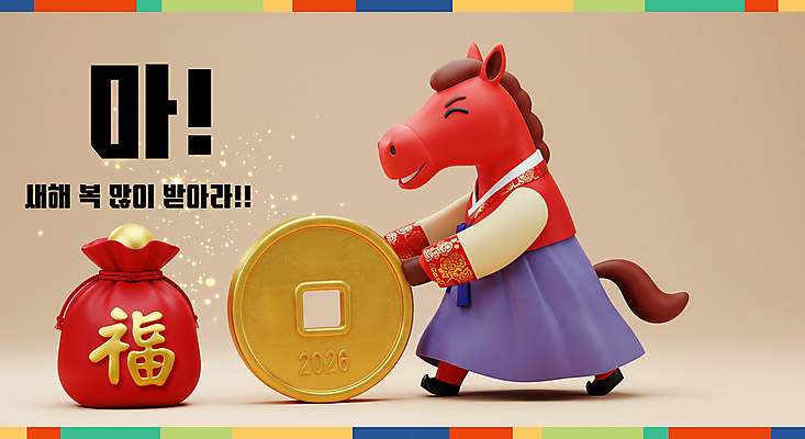 PSD 편집이미지 새해 복주머니 3D캐릭터 웃음 사람없음 빨간색 반짝임 노란색 3D 복 한복 말띠 엽전 굴리기 2026년 이미지편집 편집3D 병오년 붉은말 붉은말캐릭터 캐릭터 한국전통 컬러 모션 전통소품 표정 동전 한자 십이지신 말_동물 전통의상 연도 디지털합성 말캐릭터 파일형식