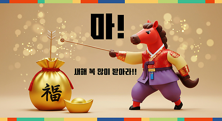 PSD 편집이미지 화살 새해 복주머니 3D캐릭터 들기 사람없음 빨간색 반짝임 노란색 3D 복 한복 말띠 지휘봉 금괴 2026년 이미지편집 편집3D 병오년 붉은말 붉은말캐릭터 캐릭터 한국전통 컬러 모션 전통소품 한자 십이지신 말_동물 황금 전통의상 연도 디지털합성 말캐릭터 파일형식