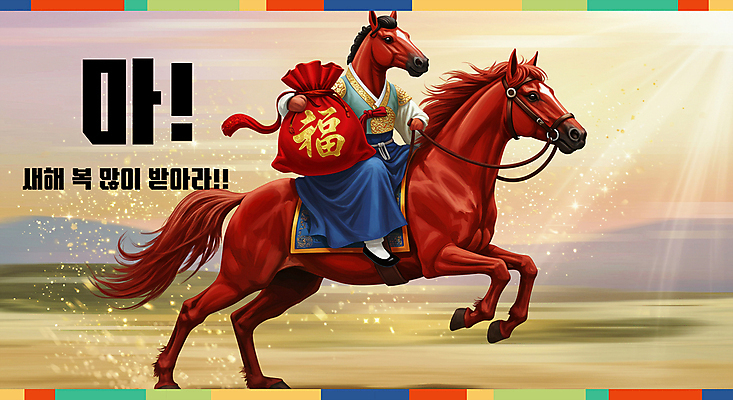 PSD 편집이미지 새해 복주머니 3D캐릭터 들기 초원 사람없음 빨간색 반짝임 햇빛 3D 복 승마 한복 말띠 2026년 이미지편집 편집3D 병오년 붉은말 붉은말캐릭터 캐릭터 한국전통 스포츠 컬러 모션 전통소품 태양 한자 십이지신 말_동물 전통의상 연도 디지털합성 말캐릭터 파일형식