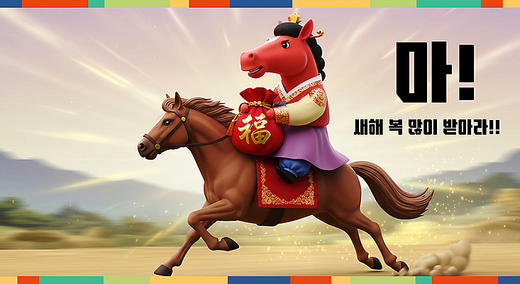 PSD 편집이미지 새해 복주머니 3D캐릭터 미소 들기 초원 사람없음 빨간색 반짝임 3D 복 승마 한복 말띠 후광 2026년 이미지편집 편집3D 병오년 붉은말 붉은말캐릭터 캐릭터 한국전통 스포츠 컬러 모션 전통소품 표정 빛 한자 십이지신 말_동물 전통의상 연도 디지털합성 말캐릭터 파일형식