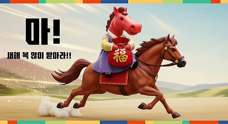 PSD 편집이미지 새해 복주머니 3D캐릭터 미소 들기 초원 사람없음 빨간색 빛 반짝임 3D 복 승마 연기 한복 말띠 2026년 이미지편집 편집3D 병오년 붉은말 붉은말캐릭터 캐릭터 한국전통 스포츠 컬러 모션 전통소품 표정 한자 십이지신 말_동물 전통의상 연도 디지털합성 말캐릭터 파일형식