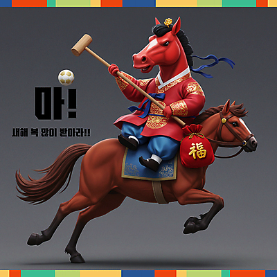 PSD 편집이미지 리본 새해 복주머니 3D캐릭터 들기 사람없음 빨간색 3D 회색 복 승차 한복 말띠 격구 2026년 이미지편집 편집3D 병오년 붉은말 붉은말캐릭터 캐릭터 한국전통 컬러 모션 전통소품 전통놀이 한자 십이지신 말_동물 전통의상 연도 디지털합성 말캐릭터 파일형식