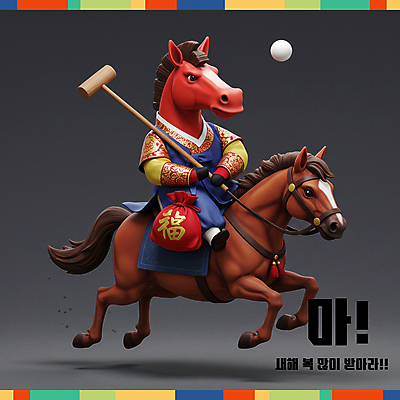 PSD 편집이미지 새해 복주머니 3D캐릭터 들기 사람없음 빨간색 3D 회색 복 한복 말띠 격구 2026년 이미지편집 편집3D 병오년 붉은말 붉은말캐릭터 캐릭터 한국전통 컬러 모션 전통소품 전통놀이 한자 십이지신 말_동물 전통의상 연도 디지털합성 말캐릭터 파일형식