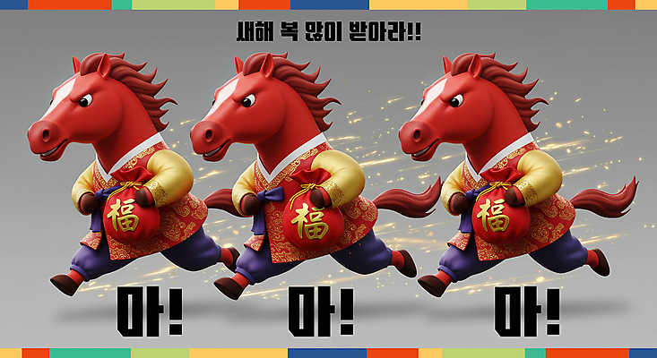 PSD 편집이미지 새해 복주머니 3D캐릭터 들기 사람없음 빨간색 반짝임 달리기 3D 회색 복 한복 말띠 2026년 이미지편집 편집3D 병오년 붉은말 붉은말캐릭터 캐릭터 한국전통 컬러 모션 전통소품 한자 십이지신 말_동물 전통의상 연도 디지털합성 말캐릭터 파일형식