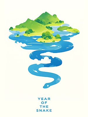 PSD 구름 한마리 일러스트 새해 산 사람없음 초록색 파란색 강 뱀띠 2025년 을사년 국내일러스트 푸른뱀 자연요소 1 컬러 십이지신 뱀 연도 파일형식