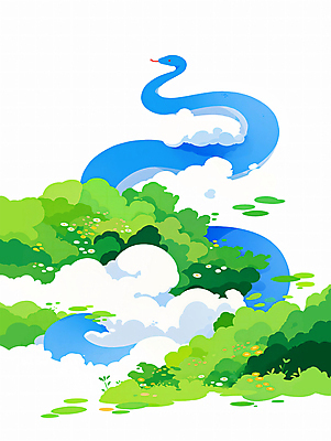 PSD 구름 한마리 일러스트 새해 사람없음 초록색 파란색 뱀띠 풀숲 2025년 을사년 국내일러스트 푸른뱀 자연요소 1 컬러 십이지신 뱀 숲 연도 파일형식