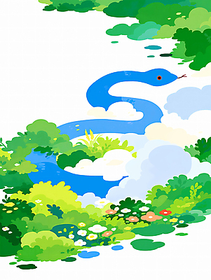 PSD 구름 한마리 꽃 일러스트 새해 사람없음 초록색 파란색 뱀띠 풀숲 2025년 을사년 국내일러스트 푸른뱀 자연요소 식물 1 컬러 십이지신 뱀 숲 연도 파일형식
