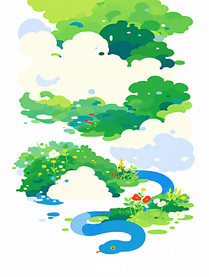 PSD 구름 한마리 꽃 일러스트 새해 사람없음 초록색 파란색 뱀띠 풀숲 2025년 을사년 국내일러스트 푸른뱀 자연요소 식물 1 컬러 십이지신 뱀 숲 연도 파일형식