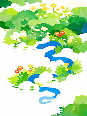 PSD 구름 한마리 꽃 일러스트 새해 사람없음 초록색 파란색 뱀띠 풀숲 2025년 을사년 국내일러스트 푸른뱀 자연요소 식물 1 컬러 십이지신 뱀 숲 연도 파일형식