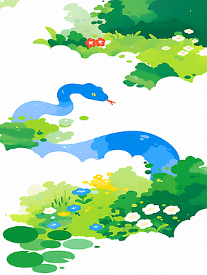 PSD 구름 한마리 꽃 일러스트 새해 사람없음 초록색 파란색 뱀띠 풀숲 2025년 을사년 국내일러스트 푸른뱀 자연요소 식물 1 컬러 십이지신 뱀 숲 연도 파일형식