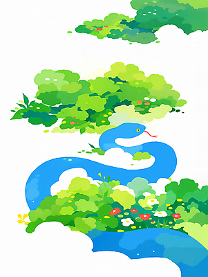 PSD 구름 한마리 꽃 일러스트 새해 사람없음 초록색 파란색 뱀띠 풀숲 2025년 을사년 국내일러스트 푸른뱀 자연요소 식물 1 컬러 십이지신 뱀 숲 연도 파일형식