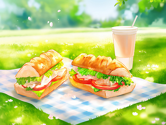 JPG 꽃 여유 일러스트 휴식 샌드위치 잔디 사람없음 토스트 봄소풍 테이블매트 테이크아웃컵 국내일러스트 AI일러스트 AI콘텐츠 식물 감정 음식 빵 컨셉 컵 소풍 봄 식탁보 파일형식