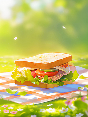 JPG 꽃잎 꽃 여유 일러스트 휴식 샌드위치 잔디 사람없음 햇빛 토스트 봄소풍 테이블매트 국내일러스트 AI일러스트 AI콘텐츠 식물 감정 음식 빵 컨셉 태양 소풍 봄 식탁보 파일형식