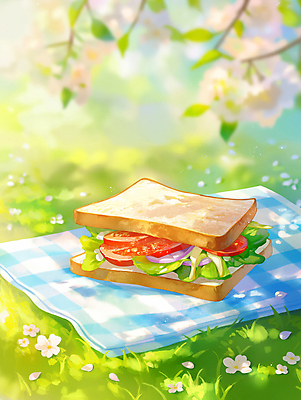 JPG 꽃 여유 일러스트 휴식 샌드위치 잔디 사람없음 햇빛 토스트 봄소풍 테이블매트 국내일러스트 AI일러스트 AI콘텐츠 식물 감정 음식 빵 컨셉 태양 소풍 봄 식탁보 파일형식
