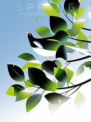 PSD 하늘색 일러스트 하늘 나뭇잎 사람없음 초록색 평화 봄풍경 나뭇가지 제비 국내일러스트 나무 컬러 컨셉 잎 조류 풍경 파란색 봄 파일형식