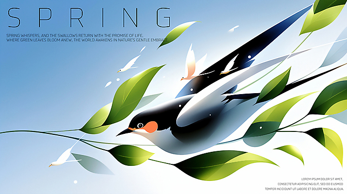 PSD 하늘색 일러스트 하늘 나뭇잎 사람없음 초록색 평화 봄풍경 나뭇가지 비행 제비 국내일러스트 나무 컬러 컨셉 잎 조류 풍경 파란색 봄 파일형식