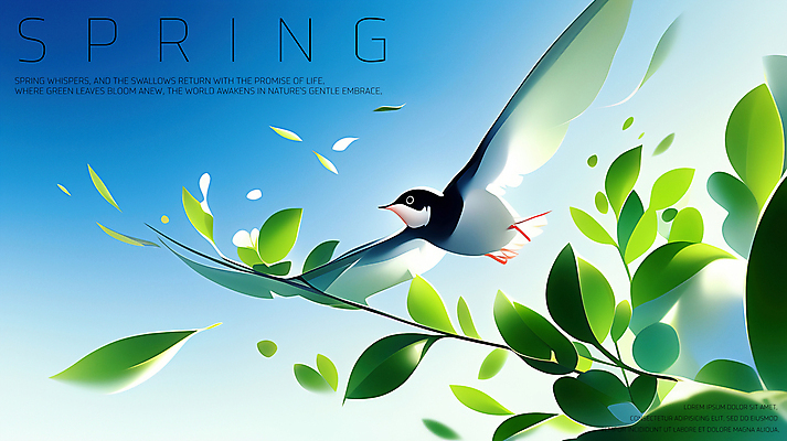 PSD 하늘색 일러스트 하늘 나뭇잎 사람없음 초록색 평화 봄풍경 나뭇가지 비행 제비 국내일러스트 나무 컬러 컨셉 잎 조류 풍경 파란색 봄 파일형식